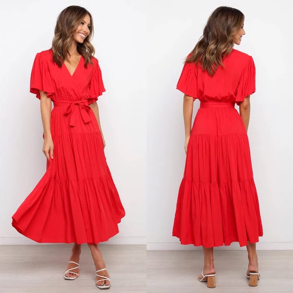 Bright Red V-neck Flutter Sleeve Midi Dress